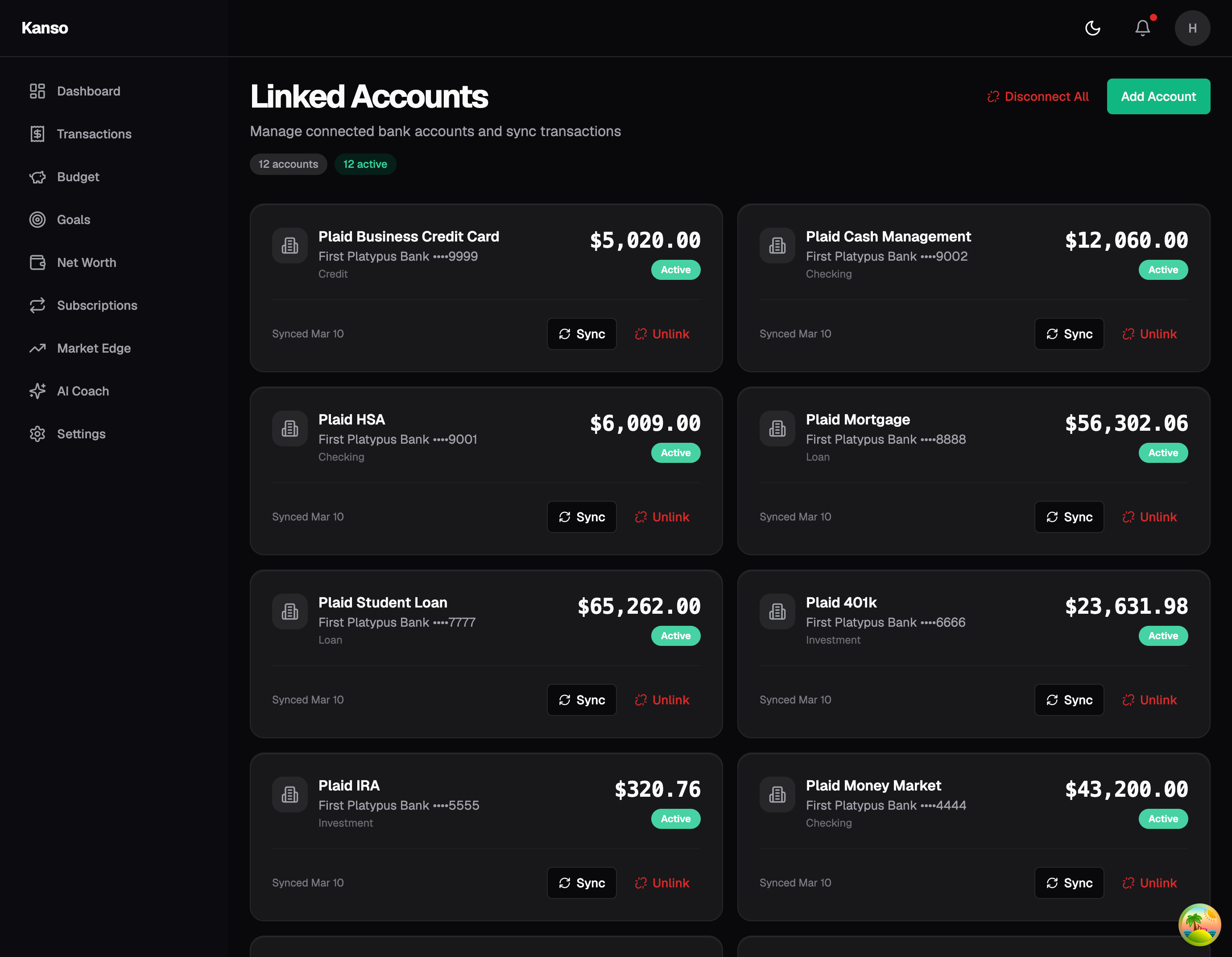 Screenshot of the bank account connection flow via Plaid